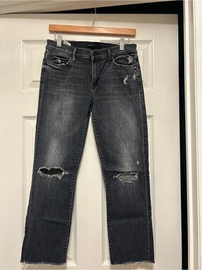 MOTHER The Rascal Ankle Snippet Distressed Black Straight-Leg Jeans